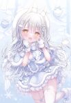  1girl :d angel animal_ears bandaid bandaid_hair_ornament beads bell blue_background blue_bow blue_bowtie blue_capelet blue_dress blue_ribbon blush boots bow bowtie breasts capelet christmas_ornaments cleavage cleavage_cutout clothing_cutout comiket_103 commentary_request curtains dated dress floating_hair foot_out_of_frame frilled_dress frills fur-trimmed_boots fur-trimmed_capelet fur-trimmed_dress fur-trimmed_gloves fur_trim glint gloves hair_beads hair_bell hair_between_eyes hair_bow hair_ornament hands_up highres knee_up long_hair multiple_hair_bows ok_sign omochi_monaka original rabbit_ears ribbon short_dress sidelocks signature skindentation small_breasts smile snowflake_print snowflakes socks solo thighhighs twitter_username wavy_hair white_boots white_hair white_socks wings yellow_eyes zettai_ryouiki 