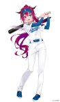  1girl :d amagai_tarou asymmetrical_wings baseball_bat baseball_jersey baseball_uniform belt blue_belt blue_eyes blue_hat blue_shoes blue_undershirt cleats commentary_request copyright_notice crystal_wings detached_wings double_halo english_commentary fangs full_body hair_between_eyes halo hat high_ponytail highres holding holding_baseball_bat hololive hololive_english horns irys_(hololive) jersey long_hair los_angeles_dodgers mini_wings mismatched_wings multicolored_hair nail_polish official_alternate_costume official_alternate_hairstyle official_art open_mouth pants pink_nails pointy_ears ponytail purple_eyes red_hair shirt shoes short_sleeves sidelocks simple_background smile solo sportswear star-shaped_pupils star_(symbol) star_halo streaked_hair swinging_baseball_bat symbol-shaped_pupils tachi-e teeth upper_teeth_only very_long_hair visor_cap white_background white_pants white_shirt wings 