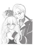  1boy 1girl absurdres ascot ashley_(shining_nikki) asymmetrical_hair bare_shoulders border burn_scar chinese_commentary closed_mouth collarbone collared_coat commentary_request crown diamond_brooch expressionless frilled_sleeves frills gloves grabbing_another&#039;s_chin greyscale hair_between_eyes hand_on_another&#039;s_chin happy highres holding holding_crown lace-trimmed_tank_top lapels long_hair long_hair_between_eyes long_sleeves looking_at_another looking_at_viewer monochrome monocle nightbane_(shining_nikki) nikki_(series) notched_lapels parted_lips round_eyewear scar scar_on_face shining_nikki shirt short_hair simple_background smile spaghetti_strap straight-on turtleneck turtleneck_shirt very_long_hair watermark weibo_watermark white_background white_border xiaoyu_qixing 