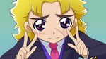  blonde_hair blush coat cure_peace_pose double_v jojo_no_kimyou_na_bouken kaniharu long_coat long_hair male_focus necktie parody phantom_blood precure purple_eyes robert_eo_speedwagon scar smile_precure! solo v 