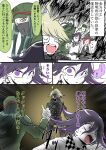  ! ... 2girls 3boys ^_^ ahoge androgynous aqua_hair arm_belt bad_singing belt black_hat black_jacket black_mask black_scarf blazer blonde_hair bow chabashira_tenko chain checkered_clothes checkered_scarf choker closed_eyes closed_mouth collared_jacket collared_shirt commentary_request covered_mouth covering_own_ears danganronpa_(series) danganronpa_v3:_killing_harmony emphasis_lines fleeing from_behind gakuran gloom_(expression) green_bow green_hat green_jacket hair_between_eyes hair_bow hair_over_shoulder hand_up hat height_difference highres jacket k1-b0 lapels long_hair long_sleeves male_focus mask mouth_mask multiple_boys multiple_girls multiple_views music musical_note notched_lapels oma_kokichi open_mouth pain parted_lips peaked_cap purple_eyes purple_hair sailor_collar scarf school_uniform shachoo_(poco_poco) shinguji_korekiyo shirt short_hair singing smile smirk speech_bubble spoken_ellipsis spoken_exclamation_mark spoken_musical_note straight_hair sweatdrop swept_bangs talking teeth translation_request turn_pale two-tone_scarf upper_teeth_only very_long_hair white_belt white_jacket white_scarf white_shirt wide-eyed witch_hat yumeno_himiko zipper zipper_pull_tab 