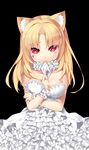  3: animal_ears bare_shoulders between_breasts black_background blonde_hair breasts card cat_ears crossed_arms dress frilled_dress frills gathers highres long_hair medium_breasts pixiv_fantasia pixiv_fantasia_new_world red_eyes saru simple_background solo tattoo too_many too_many_frills vivi_(saru) white_dress wrist_cuffs 