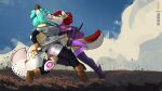 armwear big_breasts blue_hair blush boots bottomwear breasts canid canine canis cloak clothing domestic_dog ear_piercing ear_ring felid female feretta fight footwear fur green_eyes grey_body grey_fur hair hi_res legwear loincloth mammal mariah_(anthrobrand) melee_weapon multi_nipple nipples pantherine piercing red_eyes red_hair ring_piercing shilo_wolf shoes sky small_breasts snow_leopard staff stockings surprised_expression sword topwear weapon white_body white_fur yellow_body yellow_fur