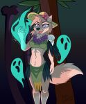 2023 anthro bone bottomwear canid canine clothed clothing dated dipstick_tail fangs female front_view fur gloves_(marking) green_bottomwear green_clothing green_loincloth green_topwear group hair hat headgear headwear hi_res leg_markings loincloth magic_user mammal markings martinballamore no_pupils open_mouth open_smile plant portrait purple_eyes red_tongue signature smile socks_(marking) spirit standing tail tail_markings tan_body tan_fur tan_hair teeth three-quarter_portrait tongue topwear tree trio yellow_clothing yellow_hat yellow_headwear