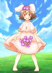  animal_ears bad_id bad_pixiv_id barefoot blue_sky brown_hair bunny_ears bunny_tail carrot cloud day dress field flower furorida head_wreath inaba_tewi jewelry looking_at_viewer meadow open_mouth outdoors pendant pink_dress puffy_short_sleeves puffy_sleeves red_eyes shadow short_hair short_sleeves skirt_basket sky solo tail touhou 