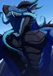 2024 3_tongues abs anthro black_body black_horn blue_body blue_eyes blue_horn blue_tongue dated dragon fangs front_view glistening glistening_eyes hi_res horn looking_at_viewer male mouth_shot multi_tongue muscular muscular_anthro muscular_male mythological_creature mythological_scalie mythology open_mouth pecs ridged_horn riorix scalie sharp_teeth signature solo teeth thunder_(thunderthedragon) tongue tongue_out