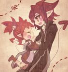  1girl brother_and_sister choker demon_tail demon_wings disgaea disgaea_d2 earrings etna jewelry kazamine_(stecca) long_sleeves open_mouth pointy_ears red_eyes red_hair scarf short_hair siblings skull tail twintails wings xenolith 