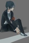  armband bad_id bad_pixiv_id blue_eyes blue_hair evoker gun hair_over_one_eye headphones male_focus persona persona_3 school_uniform shrie sitting solo weapon yuuki_makoto 