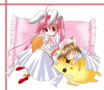  &lt;o&gt;_&lt;o&gt; 2000s_(style) 2girls animal_ears azumanga_daioh bad_id book bow bowtie brown_hair cat_ears closed_mouth di_gi_charat dice_hair_ornament dress fujii_ryou full_body hair_ornament holding holding_book long_hair looking_at_viewer mihama_chiyo&#039;s_father multiple_girls open_mouth pink_bow pink_bowtie pink_eyes pink_hair puchiko rabbit_ears short_hair sleeping smile sweatdrop twintails usada_hikaru white_dress 