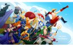  afro arm_up armor ascot beard black_hair blonde_hair blue_ascot blue_hair blue_skin brook_(one_piece) cape colored_skin commentary endspire english_commentary facial_hair fire_emblem franky_(one_piece) goatee green_hair hat highres holding holding_sword holding_weapon horse jinbe_(one_piece) long_hair long_nose looking_up monkey_d._luffy nami_(one_piece) nico_robin one_piece orange_hair outstretched_arms pompadour ponytail profile roronoa_zoro sanji_(one_piece) sideburns skeleton stitched_torso stitches straw_hat straw_hat_pirates sword tony_tony_chopper usopp weapon 