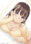  anegasaki_nene bad_id bad_twitter_id blush breasts brown_hair cleavage covered_nipples hand_on_own_cheek kiya_shii large_breasts looking_at_viewer love_plus lying mole mole_under_eye no_pants on_side panties purple_eyes ribbed_sweater smile solo sweater underwear white_panties 