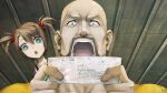  1boy 1girl :o apron aqua_eyes bald beard blouse brown_hair constricted_pupils dress facial_hair father_and_daughter fingernails from_below game_cg green_apron green_eyes hair_between_eyes hair_tie highres holding_bill huke indoors looking_at_bill muscular muscular_male nervous_sweating official_art open_mouth pinafore_dress pink_dress purple_shirt ringed_eyes shirt short_twintails shouting sidelocks sleeveless sleeveless_dress square_pupils standing steins;gate steins;gate:_linear_bounded_phenogram surprised sweat teeth tennouji_nae tennouji_yuugo tongue twintails wooden_ceiling yellow_shirt 