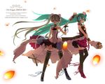  7th_dragon_(series) 7th_dragon_2020 7th_dragon_2020-ii :&lt; aqua_hair blue_eyes bouquet dress engrish flower full_body green_hair hatsune_miku headphones high_heels highres konoekatana long_hair microphone microphone_stand multiple_girls ranguage shoes thighhighs twintails very_long_hair vocaloid white_background 