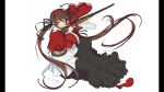  1girl absurdres black_ribbon black_shirt blue_eyes brown_hair bullet bullet_in_mouth green_eyes gun hair_ribbon hairband heterochromia highres holding holding_gun holding_weapon long_hair non-web_source official_art pillarboxed red_hairband red_shirt red_shoes ribbon ryoubi_(senran_kagura) senran_kagura senran_kagura_burst_re:newal shirt shoes socks solo twintails weapon white_background white_shirt white_socks yaegashi_nan 