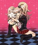  blue_eyes boots breasts cleavage danganronpa danganronpa_1 enoshima_junko hair_ornament knee_boots long_hair medium_breasts monokuma nail_polish necktie pall pink_hair skirt sleeves_rolled_up smile spoilers twintails 