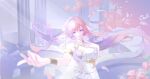  1girl absurdres breasts cherry_blossoms chinese_commentary commentary_request corset elysia_(herrscher_of_human:_ego)_(honkai_impact) elysia_(honkai_impact) flower guwen852 hair_ornament hand_on_own_chest highres honkai_(series) honkai_impact_3rd large_breasts long_hair pink_flower pink_hair pink_rose purple_eyes rose solo stone_pillar triquetra very_long_hair white_corset 