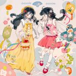 2girls ahoge animal_bag animal_print ankle_socks aoqun apple apple_print bag basket belt_buckle beret black_hair blush_stickers bow bowtie braid buckle buttons changmingsuo chinese_clothes chinese_commentary closed_mouth commentary_request contemporary_traditional_clothes crescent crescent_hair_ornament eyeshadow fashion floating_hair floral_print flower folding_fan food food_print footwear_bow frown fruit fruit_print full_body fur-trimmed_vest fur_trim green_bow hair_bow hair_flower hair_ornament hand_fan hand_up hanfu hat highres holding holding_basket kite lantern layered_sleeves leaf_print lofter_logo lofter_username long_hair long_sleeves looking_at_another makeup mary_janes miniskirt multiple_girls orange_eyeshadow original outstretched_arm pale_skin paper_lantern pink_bow pink_bowtie pink_flower pink_shoes pink_skirt pink_vest pleated_skirt plum_blossoms purple_eyes putong_xiao_gou rabbit_bag rabbit_print red_bow red_lips red_shoes shirt shoes shoulder_bag sidelocks single_braid skirt socks vest waves white_background white_bag white_flower white_shirt white_socks wide_sleeves yellow_bow yellow_bowtie yellow_hat yellow_skirt yellow_vest 