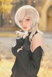  10h_(nier_reincarnation) 1girl absurdres aegyo_sal artist_name asymmetrical_bangs bare_shoulders black_dress black_sleeves blue_eyes blurry blurry_background commentary detached_sleeves dress english_commentary falling_leaves flower from_side ginkgo_leaf heart highres holding holding_flower leaf looking_at_viewer looking_to_the_side lunar_tear medium_hair nier_(series) nier_reincarnation parted_lips print_dress sleeveless sleeveless_dress smile solo speech_bubble spoken_heart tree upper_body white_flower white_hair yellow_leaves yuki_lu 