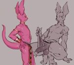 anthro balls beerus bracelet collar crouching domestic_cat dragon_ball dragon_ball_super ear_piercing ear_ring felid feline felis genitals grey_background hairless hairless_cat hi_res jewelry male mammal mmaj7 penis piercing presenting purple_body ring_piercing side_view simple_background solo sphynx_(cat)