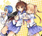  angel_beats! book cosplay gun hinata_(angel_beats!) kamikita_komari little_busters! multiple_girls natsume_rin nishizono_mio otonashi_(angel_beats!) reading school_uniform serafuku shinda_sekai_sensen_uniform weapon yui_(ntm-21) 