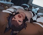  1girl absurdres animal_ear_fluff animal_ears bags_under_eyes black_shorts breasts cellphone cigarette_butt closed_eyes commentary commission controller drooling english_commentary english_text fian_f.n game_controller gike highres holding holding_phone indoors large_breasts lying mouth_drool on_back on_bed original phone second-party_source shirt shorts sleeping smartphone soda_bottle solo table television white_shirt wolf_ears wolf_girl 