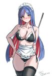  1girl alternate_costume apron arm_behind_back bikini black_bikini black_thighhighs blue_hair blush breasts collarbone cowboy_shot dated dimos_(dawn_1945) enmaided hand_on_own_hip hashtag-only_commentary highres kantai_collection large_breasts long_hair looking_at_viewer maid maid_apron maid_bikini maid_headdress multicolored_hair navel one-hour_drawing_challenge red_hair side-tie_bikini_bottom simple_background solo south_dakota_(kancolle) stomach swimsuit thighhighs twitter_username unconventional_maid waist_apron white_apron white_background yellow_eyes 