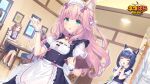  2girls :d animal_ear_fluff animal_ears apron architecture bell black_bow black_hair blue_bow blush bow cat_ears cat_girl chair chef closed_eyes copyright_name day dessert door door_handle east_asian_architecture fake_animal_ears fern food fraise_(nekopara) gold_bell green_eyes hair_bow hands_on_own_face heart logo long_hair maid maid_apron maid_headdress minazuki_shigure multiple_girls neck_bell nekopara official_art people picture_frame pink_bow pink_hair sayori_(neko_works) short_hair sitting smile white_bow window 