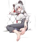  1girl absurdres armband barefoot black_armband black_nails breasts check_translation chinese_commentary closed_mouth collared_shirt couch curled_horns feet fingernails foot_focus full_body grey_hair grey_shirt hair_between_eyes hand_on_own_foot hand_on_own_horn high-waist_pants highres horns large_breasts long_sleeves looking_at_viewer medium_hair necktie nose pants partially_translated pinkuuo red_eyes red_lips red_necktie shirt sitting soles solo toes translation_request white_background wuthering_waves zani_(wuthering_waves) 