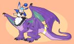 3_toes absurd_res after_transformation blue_body blue_eyes claws clothing confusion dragon dragon_taur dragon_wings dress featureless_crotch feet final_fantasy hi_res hybrid implied_transformation kyrio maid_headdress maid_uniform male mammal membrane_(anatomy) membranous_wings moogle mythological_creature mythological_scalie mythology orange_background purple_body raised_foot scalie simple_background solo square_enix standing tan_body taur toe_claws toes uniform wings