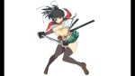 1girl absurdres asuka_(senran_kagura) black_hair breasts brown_eyes brown_shoes brown_vest covered_nipples dual_wielding green_skirt grey_thighhighs hair_ribbon highres holding holding_sword holding_weapon large_breasts non-web_source official_art pillarboxed ponytail red_scarf ribbon scarf senran_kagura senran_kagura_burst_re:newal shirt shoes skindentation skirt solo sword thick_thighs thighhighs thighs vest weapon white_background white_ribbon white_shirt yaegashi_nan 