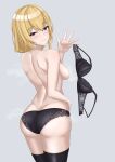  1girl absurdres ass back backboob bare_shoulders black_bra black_panties black_thighhighs blonde_hair blue_eyes blush bow bow_bra bra braid breasts from_back girls&#039;_frontline girls&#039;_frontline_2:_exilium grey_background hair_between_eyes highres holding holding_bra holding_underwear holding_unworn_clothes lace-trimmed_bra lace-trimmed_panties lace_trim long_hair looking_at_viewer looking_back medium_breasts midori_mushi mosin-nagant_(girls&#039;_frontline) mosin-nagant_(girls&#039;_frontline_2) panties simple_background smile solo steam sweat thighhighs topless_female underwear unworn_bra 