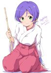  1girl bow breasts character_name closed_mouth dated english_text full_body green_eyes hakama hakama_skirt hand_up happy_birthday highres holding japanese_clothes kimono long_hair long_sleeves looking_at_viewer love_live! love_live!_school_idol_project miko purple_hair red_bow red_hakama sen_(sen0910) simple_background sitting skirt smile solo tojo_nozomi very_long_hair white_background white_kimono wide_sleeves 
