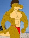  abs anthro beach biceps blue_eyes brown_hair brown_skin bulge dinosaur flexing grin hair jonathan_alexander male maxime-jeanne muscles pecs pose reptile sand scales scalie sea seaside smile solo speedo standing swimsuit theropod toned topless tyrannosaurus_rex vein water 