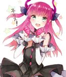  :d aqua_eyes bad_id bad_pixiv_id black_dress detached_sleeves dress elizabeth_bathory_(fate) elizabeth_bathory_(fate)_(all) fate/extra fate/extra_ccc fate_(series) horns long_hair nakamigawa open_mouth pink_hair pointy_ears smile solo two_side_up wrist_cuffs 