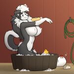 1:1 5_fingers anthro avian bathing big_breasts bird black_body black_fur black_nose border_collie breasts canid canine canis chicken collie domestic_dog female fingers fur galliform gallus_(genus) hair herding_dog hexteknik hi_res humanoid_hands malon_collie mammal naturally_censored navel nipple_tuft nude nude_anthro nude_female pastoral_dog phasianid sheepdog soap solo sponge suds tail tuft white_body white_fur white_hair