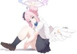  1girl absurdres black_skirt black_socks blue_archive blue_bow blue_bowtie blush bow bowtie brown_shoes closed_mouth collared_shirt commentary double_bun feathered_wings from_side full_body hair_bun halo highres kurochomo long_hair looking_at_viewer looking_to_the_side low_wings mika_(blue_archive) pink_hair pink_halo pleated_skirt shadow shirt shoes simple_background sitting skirt smile socks solo twitter_username very_long_hair white_background white_shirt white_wings wings yellow_eyes 