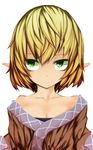  bad_id bad_pixiv_id bare_shoulders blonde_hair breasts cleavage collarbone expressionless green_eyes mantarou_(shiawase_no_aoi_tori) medium_breasts mizuhashi_parsee off_shoulder pointy_ears short_hair solo touhou 
