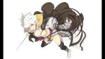  1girl absurdres aura bandaged_arm bandages black_thighhighs breasts cleavage highres holding holding_sword holding_weapon japanese_clothes kimono large_breasts miyabi_(senran_kagura) non-web_source official_art panties pillarboxed senran_kagura senran_kagura_burst_re:newal shoes short_hair slit_pupils solo sword thighhighs underwear weapon white_background white_hair white_kimono white_shoes yaegashi_nan yellow_eyes yellow_panties 