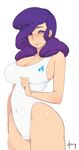  bare_shoulders blue_eyes breasts cameltoe cleavage diamond_(shape) doxy earrings eyes huge_breasts jewelry light_smile lips long_hair my_little_pony my_little_pony_friendship_is_magic one-piece_swimsuit personification purple_hair rarity sideboob smile solo stud_earrings swimsuit white_swimsuit wide_hips 