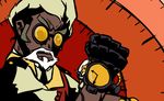  beard dark_skin dark_skinned_male eyecatch facial_hair gloves goggles isaac_(skullgirls) jintor male_focus parody sideburns skullgirls solo style_parody tengen_toppa_gurren_lagann watch wristwatch 