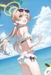  1girl absurdres bikini blue_archive eyewear_on_head frilled_bikini frills from_behind hair_ornament halo hifumi_(blue_archive) hifumi_(swimsuit)_(blue_archive) highres liago long_hair looking_at_viewer low_twintails off-shoulder_bikini off_shoulder official_alternate_costume one_eye_closed open_mouth ribbon-trimmed_bikini ribbon-trimmed_swimsuit ribbon_trim round_eyewear side-tie_bikini_bottom smile solo stuffed_animal stuffed_bird stuffed_toy sunglasses swimsuit teeth twintails upper_teeth_only white_bikini wing_hair_ornament winged_halo yellow_halo 