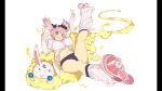  1girl absurdres bare_legs black_bow blue_buruma blue_eyes bow breasts buruma cloud covered_nipples cross-shaped_pupils double_v hair_bow hands_up hibari_(senran_kagura) highres jacket large_breasts legs_up light_blush lightning_bolt_symbol medium_hair midriff navel ninto_(senran_kagura) non-web_source official_art on_cloud open_mouth partially_unzipped pillarboxed pink_hair rabbit senran_kagura senran_kagura_burst_re:newal shoes short_twintails smile socks solo symbol-shaped_pupils track_jacket twintails v white_background white_jacket white_shoes white_socks yaegashi_nan yellow_clouds 