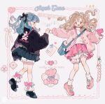  2girls animal_print ankle_garter badge bag black_bow black_eyes black_jacket black_shoes blonde_hair bloomers blue_bag blue_bow blue_bowtie blue_hair blue_skirt blush_stickers bow bow_legwear bowtie brown_eyes buttons candy chinese_commentary closed_mouth clothes_lift clover coattails commentary_request english_text envelope expressionless eyelashes eyeshadow fashion floating_hair food footwear_bow from_side full_body grey_eyeshadow hair_bow hair_over_shoulder heart highres holding holding_candy holding_food holding_hands holding_lollipop jacket jacket_lift lace_bow lace_trim lollipop long_hair long_sleeves looking_at_another makeup miniskirt multiple_girls musical_note one_side_up open_clothes open_jacket open_mouth original pill pink_bow pink_jacket pink_shoes pink_skirt pleated_skirt puffy_long_sleeves puffy_sleeves putong_xiao_gou rabbit_print shirt shoes shoulder_bag single_strap skirt smile socks sparkle straight-on stuffed_animal stuffed_toy sweater_jacket teddy_bear teeth turtleneck upper_teeth_only water_gun wavy_hair white_background white_bloomers white_bow white_shirt white_socks winged_heart 