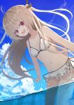  1girl :d a-pose absurdres ahoge atri atri-my_dear_moments- backlighting bare_shoulders bikini black_ribbon blue_sky blush breasts brown_hair clenched_hand cloud collarbone commentary cowboy_shot cumulonimbus_cloud day eyes_visible_through_hair floating_hair frilled_bikini frills hair_between_eyes hair_intakes hair_ribbon happy highres leaning_forward long_hair looking_at_viewer navel nodoameyatou ocean official_alternate_costume open_mouth outdoors red_eyes ribbon round_teeth sky small_breasts smile solo stomach swimsuit teeth two_side_up upper_teeth_only very_long_hair wading water white_bikini 