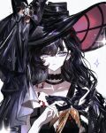  1girl :| absurdres black_bow black_choker black_dress black_hair black_hat black_mask bow choker closed_mouth dress eye_mask hand_up hat hat_bow highres holding holding_mask isolde_(reverse:1999) long_hair looking_at_viewer mask masquerade_mask official_alternate_costume purple_eyes reverse:1999 solo sparkle unworn_mask upper_body weiyan_(nbnbmwnl) white_background 