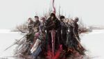  2girls 6+boys absurdres barnabas_tharmr beard benedikta_harman cape castle cidolfus_telamon clive_rosfield dion_lesage dog facial_hair final_fantasy final_fantasy_xvi glowing glowing_sword glowing_weapon highres hugo_kupka jill_warrick joshua_rosfield looking_at_viewer multiple_boys multiple_girls official_art planted planted_sword polearm promotional_art sleipnir_harbard spear standing sword takahashi_kazuya torgal_(ff16) weapon 