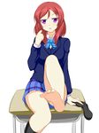  bad_id bad_pixiv_id barefoot blazer blush desk feet hair_twirling highres jacket jitome kneehighs love_live! love_live!_school_idol_project nagamon nishikino_maki on_desk open_mouth otonokizaka_school_uniform outstretched_foot plaid plaid_skirt purple_eyes red_hair school_uniform short_hair single_kneehigh sitting skirt soles solo 