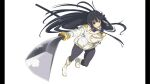  1girl absurdres armband ass_visible_through_thighs black_hair black_pantyhose blue_armband blue_eyes blunt_bangs boots breasts foreshortening gloves highres holding holding_sword holding_weapon ikaruga_(senran_kagura) large_breasts long_hair long_sleeves non-web_source official_art open_mouth pantyhose pillarboxed senran_kagura senran_kagura_burst_re:newal shirt skirt solo sword very_long_hair weapon white_background white_boots white_gloves white_shirt white_skirt yaegashi_nan 