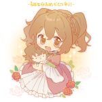  1girl :d blush braid brown_eyes brown_hair character_doll chinese_commentary commentary_request crown_braid doll dress fata_morgana_no_yakata flower frilled_dress frills hair_between_eyes hugging_doll hugging_object looking_at_viewer mell_rhodes nellie_rhodes pink_dress red_flower red_rose rose short_twintails smile solo twintails yuer6350 
