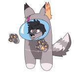 ambiguous_gender among_us anthro black_hair canid canine claws clothing crewmate_(among_us) dipstick_ears ear_markings grey_body grey_ears hair hi_res innersloth mammal martinballamore multicolored_ears open_mouth orange_inner_ear orange_pawpads pawpads red_eyes short_hair simple_background solo suit white_background white_claws